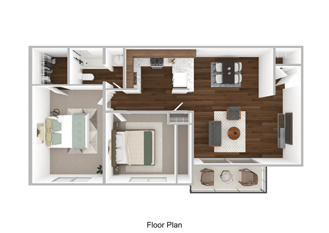 Floor plan for 2 beds, 1 bath, 940 sqft